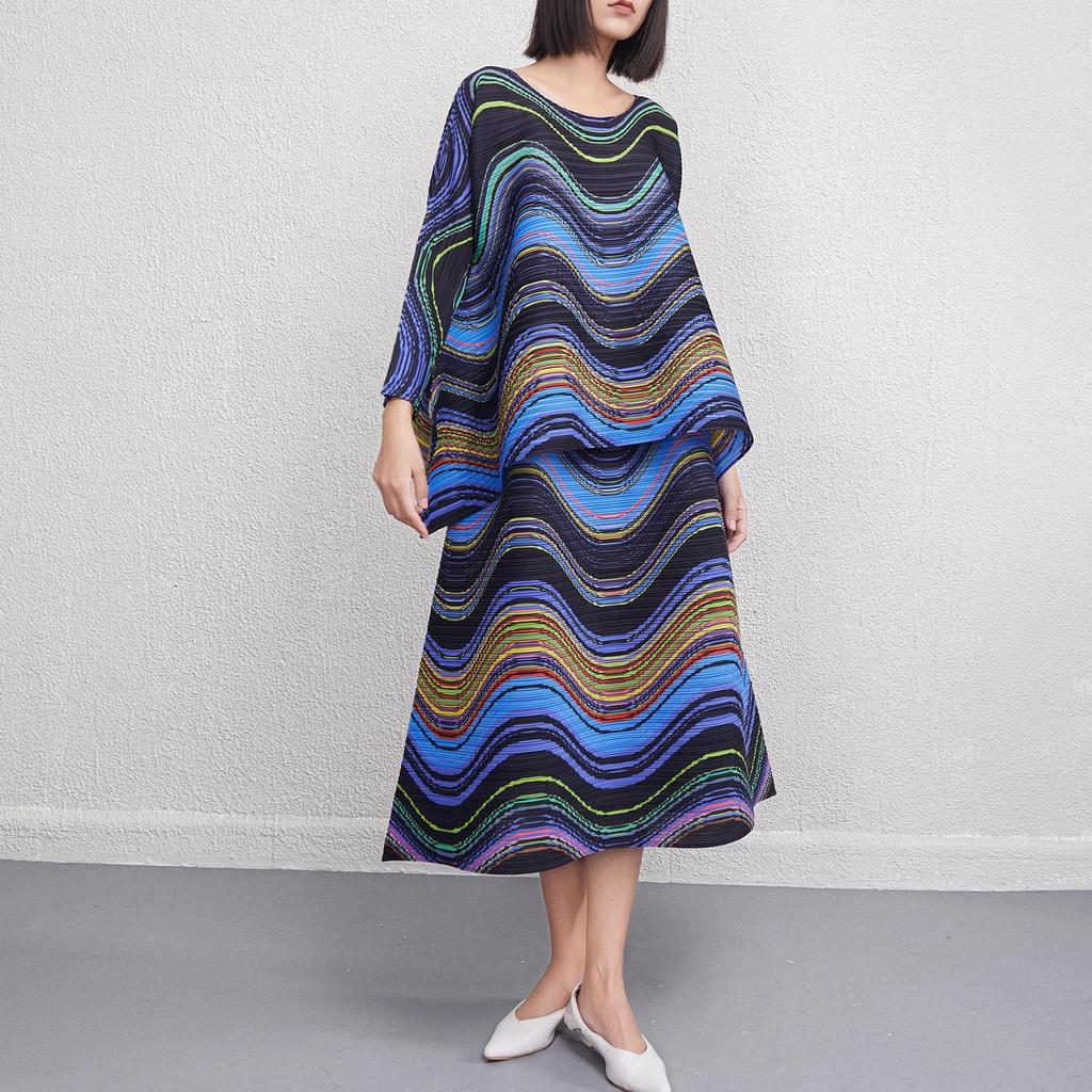 Miyake Plus Size Autumn Stripe Bodycon Skirt & Loose Pleated Top Two-Piece Set for Women