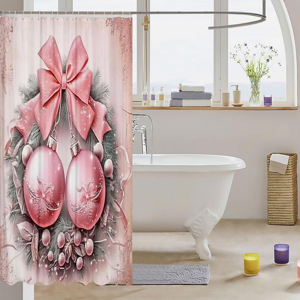 Pink Christmas Bathroom Curtain Cute Kawaii Bowknot Bell Shower Curtain Holiday Wreath Princess Style Bathroom Accessories For