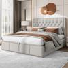 Cotton-linen upholstered bed, with hydraulic lever, bed box storage, rivet decoration, 140 x 200 cm, without mattress