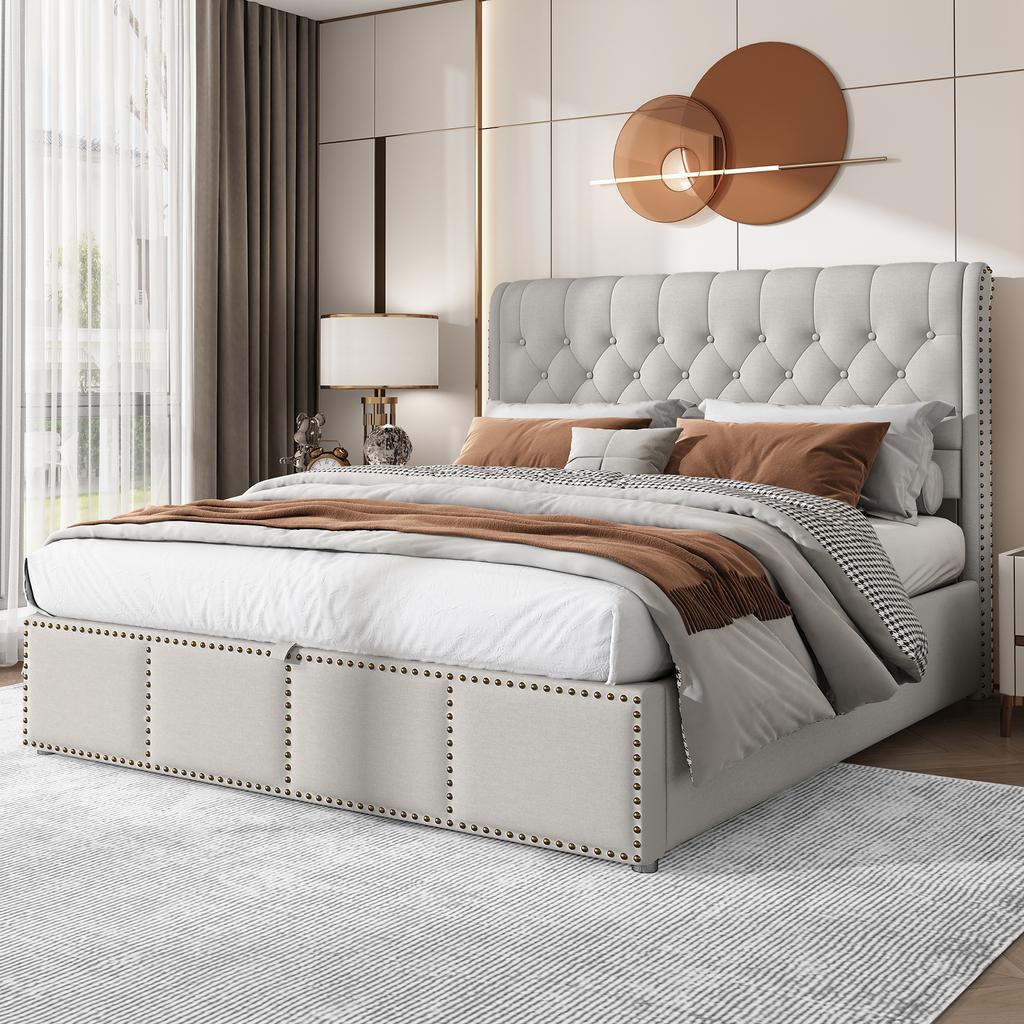 Cotton-linen upholstered bed, with hydraulic lever, bed box storage, rivet decoration, 140 x 200 cm, without mattress
