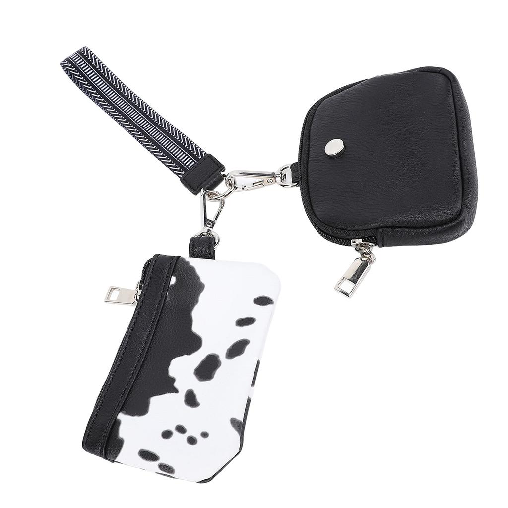 Mini Zip Wristlet Wallet Water Resistant Detachable Fashionable Dual Pouch Coin Purse Keychain for Cards Cash Coin Keys Cosmetics Cows Black White