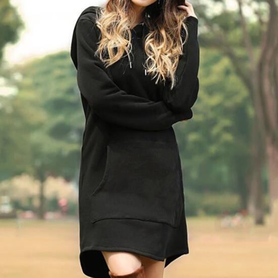 Plus Size Women Casual Long Sleeve Pocket Drawstring Loose Hoodie Mini Dress