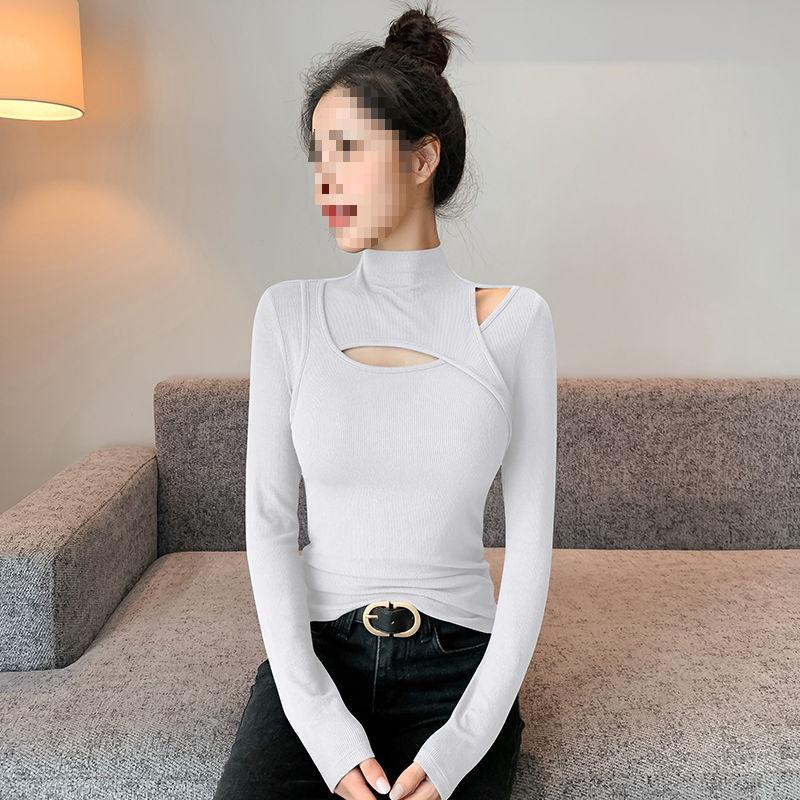 Women's Black Ribbed Slimming Semi-High Neck Knitted Top - Long Sleeve Autumn/Winter Fashion