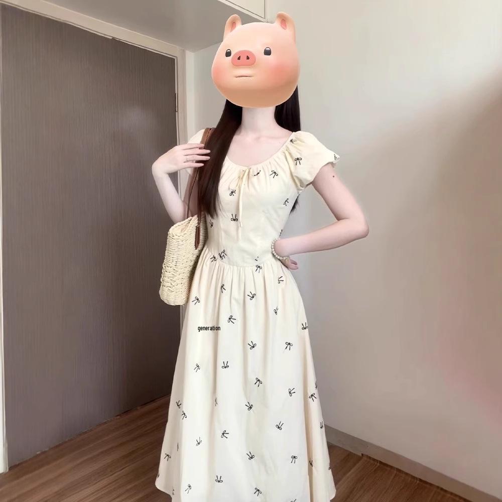 Women's Summer 2025 Floral Bowknot Puff Sleeve Dress - Elegant Long French Style