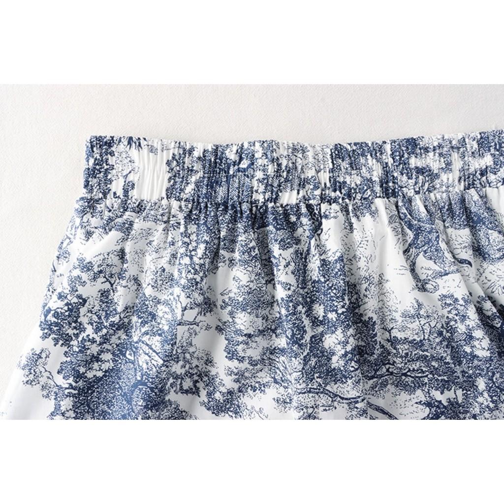 Qooth Elegant Women A-line Ink Painting Print Chiffon Skirt Mid Length Elastic Waist Skirt QT2653