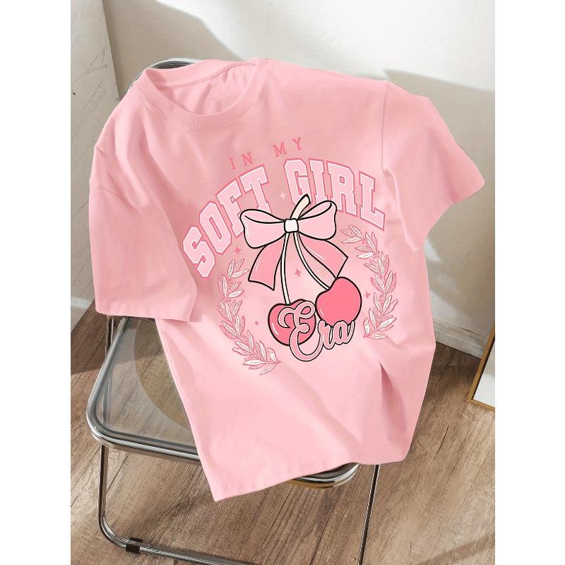 Girls Crewneck Short Sleeve Tee, Stylish Simple Cherry & Bowknot Print Soft Comfortable Summer Casual Top