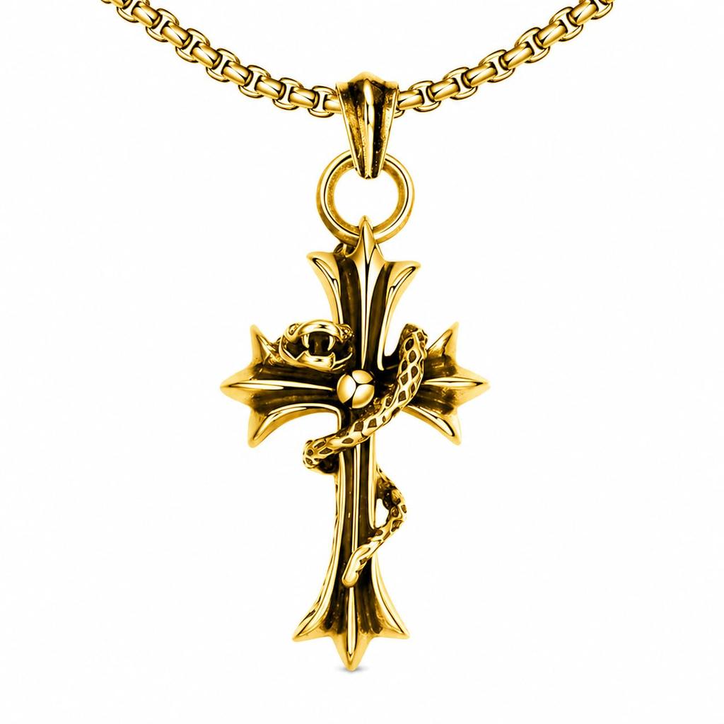 [Rockyu] Popular Brand Cross Necklace Men's Necklace Stainless Steel Antique Cross Pendant Snake Black Cross Pendant Skull