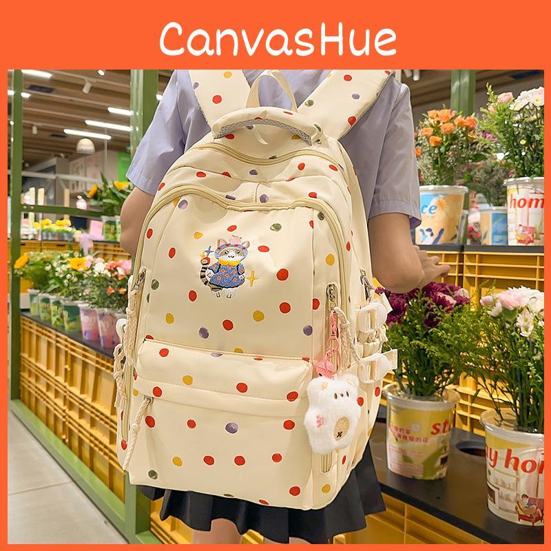 Cute Polka Colorful Dot Cartoon Cat Embroidery Pattern Backpack Students