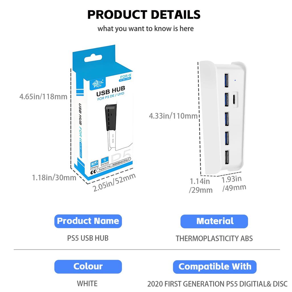 Megadream USB Hub for 4 USB Ports 1 USB Charging Port 1 Compatible with PlayStation 5 High-Speed PS5, 2.0 + + Type-C 3.1 Port, High-Speed