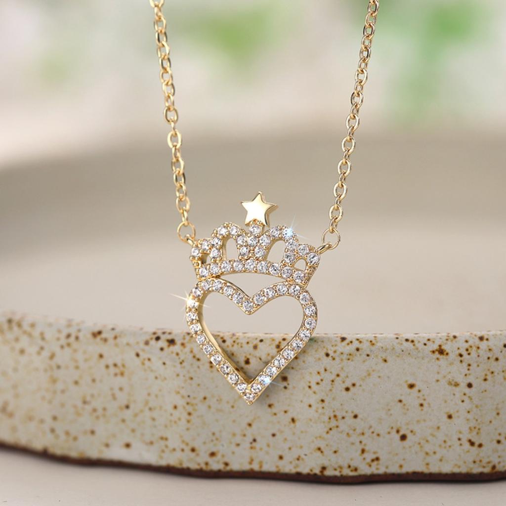 Paved Zircon Crown and Heart Necklace for Women