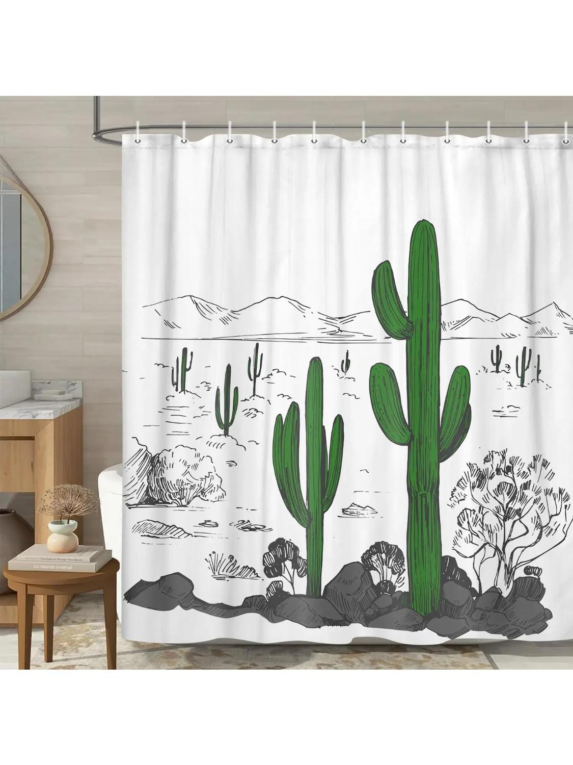 

Cactus Shower Curtain Bathroom With Black White Western Decoration, Green Cactus Bathroom Shower Curtain With Hook, W60H190(CM)-1 Pcs