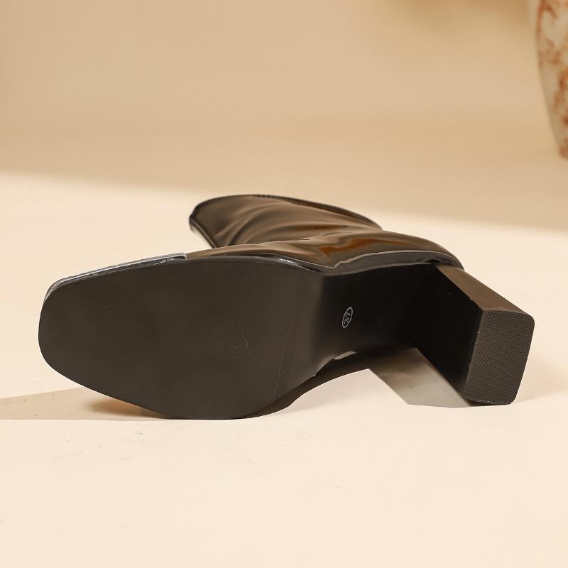 High Heeled Booties Women's Block Heel New Same Patent Leather Square Toe White Skinny Boots Spring and Autumn Mid-leg Boots