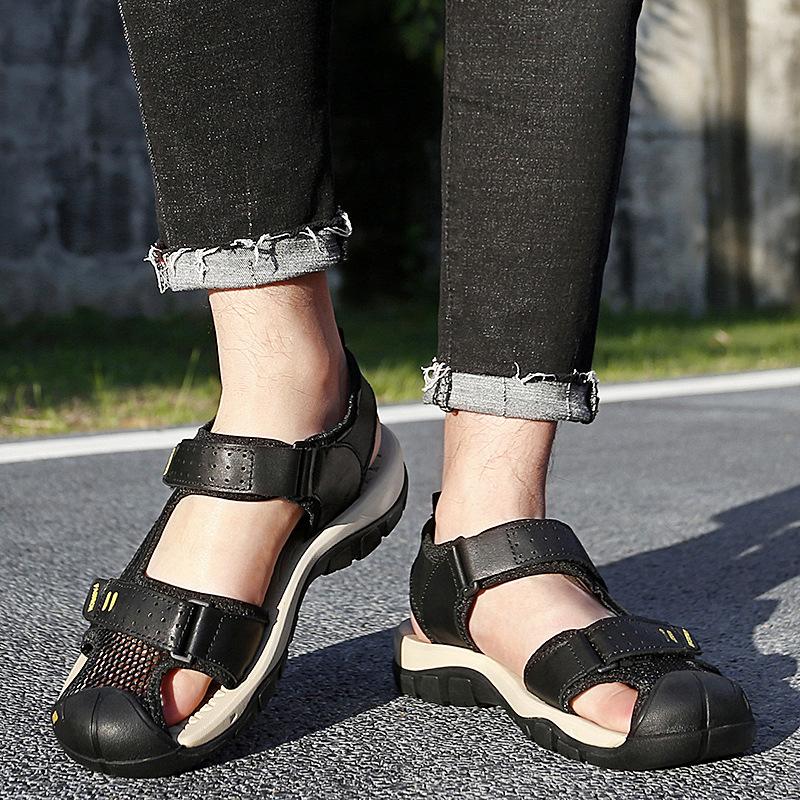 Sandals Men's Summer Outdoor Mountaineering Antiskid Shoe Soft Bottom Leather Waterproof Closed Toe Casual Shoes Mesh Sports Beach Shoes