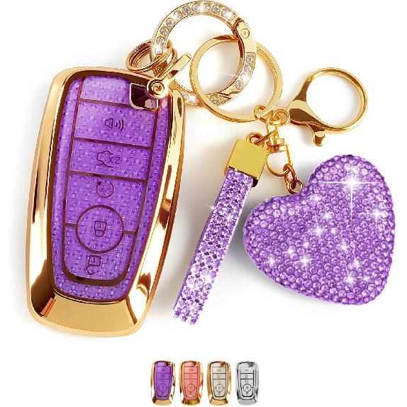 Key Fob Cover with Diamond Bling Keychain for Women, Compatible with Ford Fusion Escape Expedition Explorer Edge F150 F250 F350 etc, TPU Key Case and