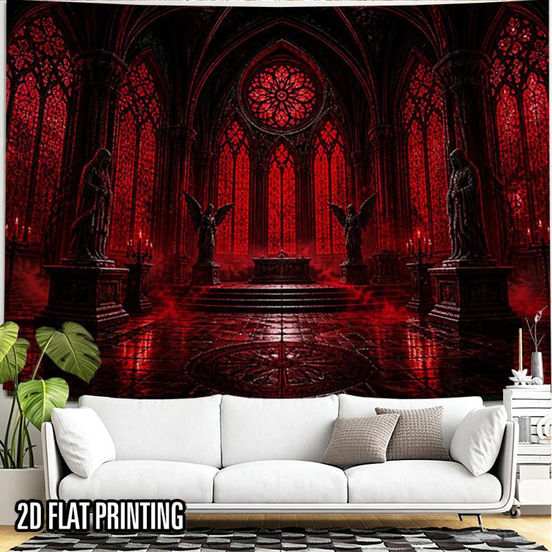 2D Flat, 2D Flat Print 1pc Tapestry Gothic Red Rose Window Chapel Tapestry, Dark Fantasy Decor Suitable for Vintage Themed Durable Suitable for Bars,