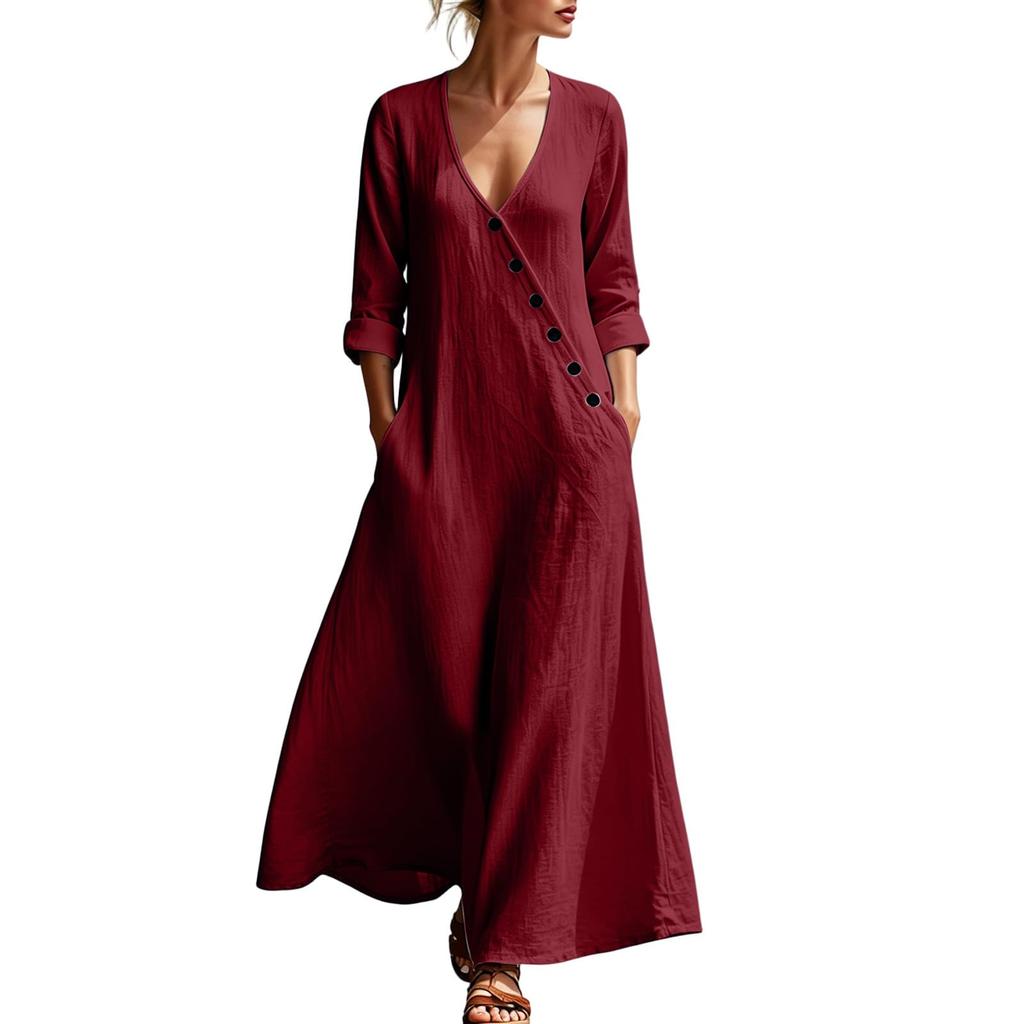Women’s Elegant Long Sleeve V Neck Maxi Dress Bohemian Style Vacation Wear with Button Loose Fit