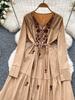 Women Spring Autumn Dress Retro Embroidered V-neck Strap Waist French Elegant Long Sleeve Grand Swing Long Dress