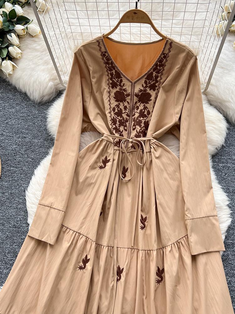 Women Spring Autumn Dress Retro Embroidered V-neck Strap Waist French Elegant Long Sleeve Grand Swing Long Dress