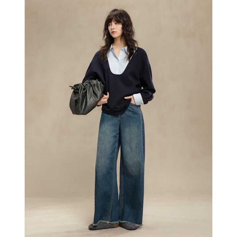 Demana Cloud-Feel Cotton Spring High-Waist Embroidered Raw-Edge Wide-Leg Jeans XL