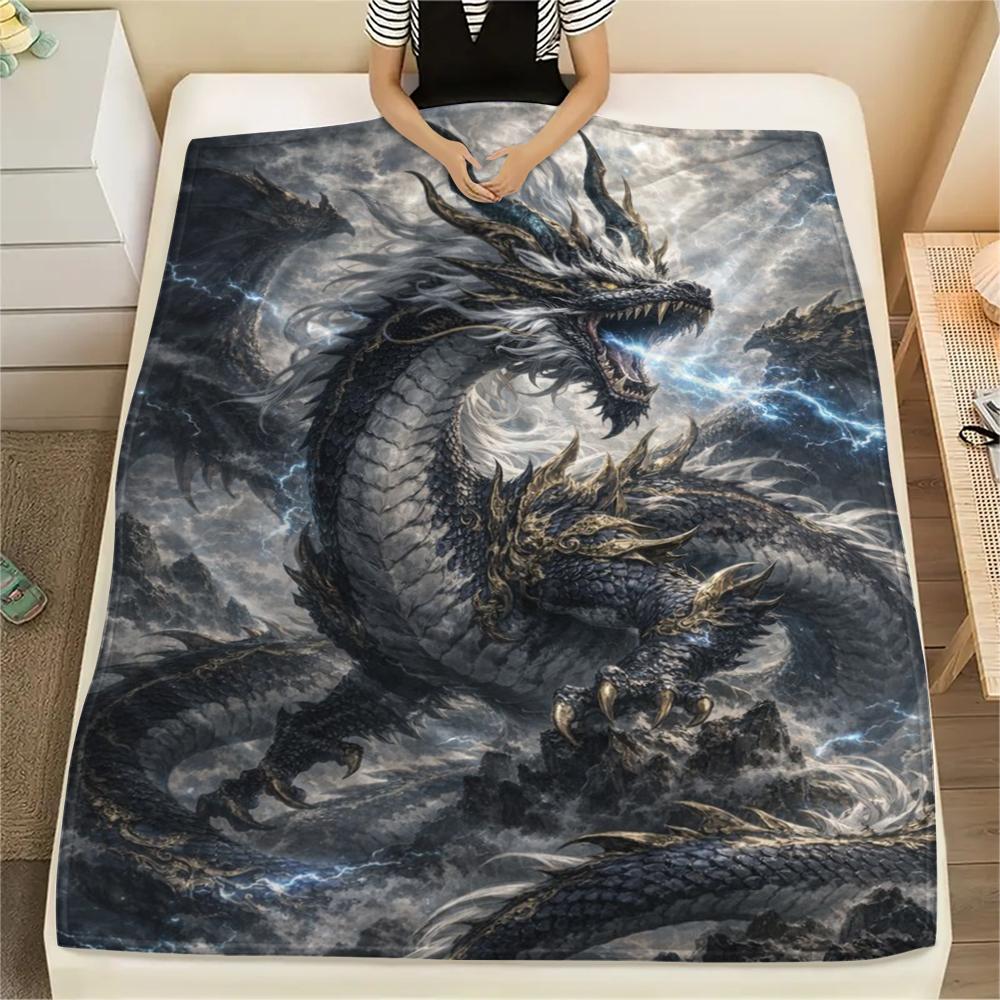 1Pc Fantasy Dragon Print Flannel Blanket, High Quality Comfortable for All Seasons, Home Decor, Warmth and Comfort, Perfect for Gifts