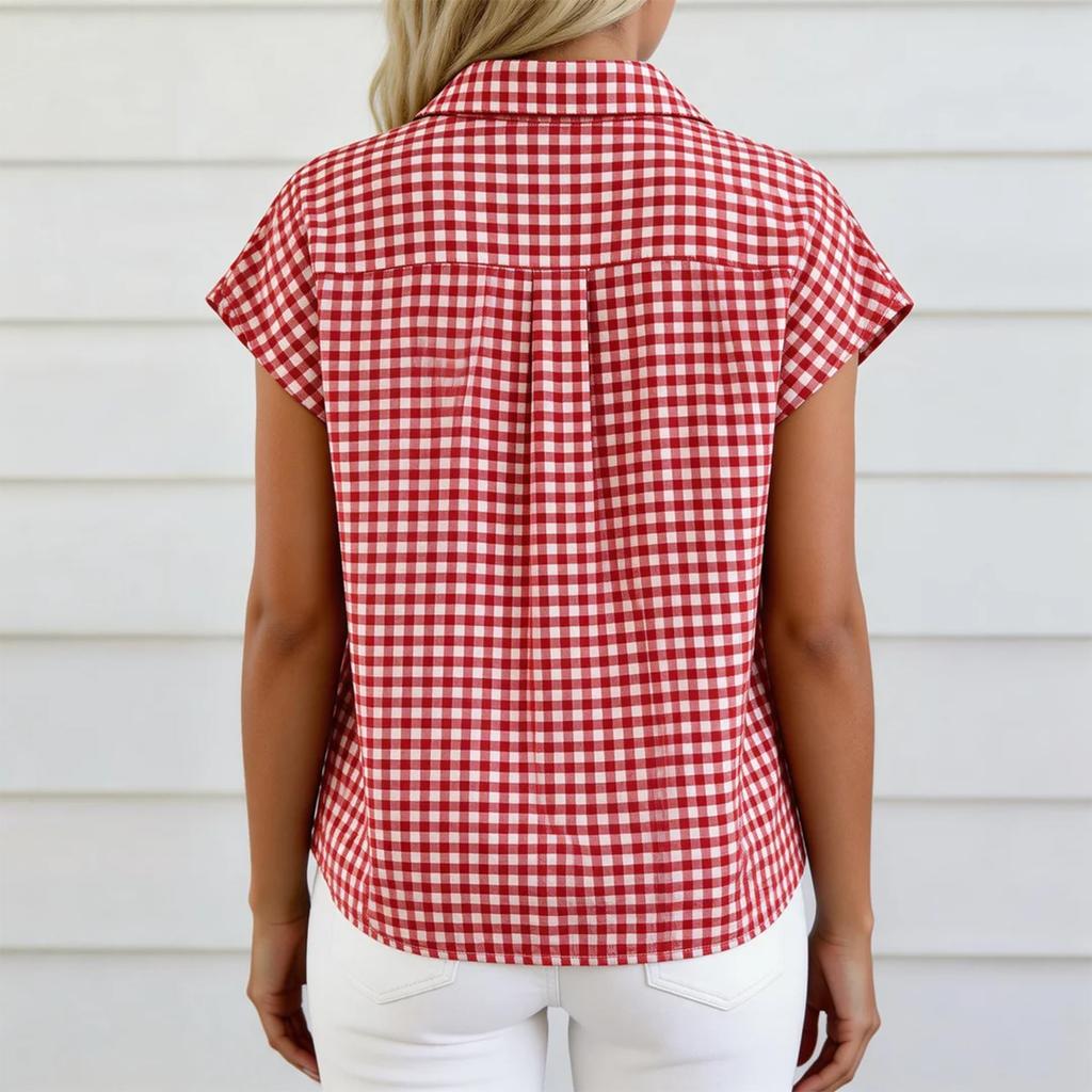 Women's Casual Loose Button Short Sleeve Plaid Shirt Top