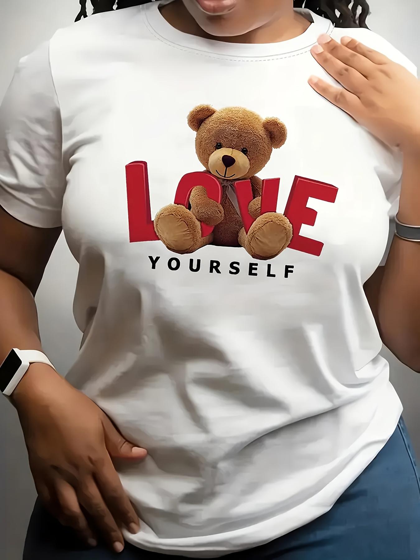 

LOVE Text Bear Pattern Printed Womens Tshirt Summer Womens Casual Fashionable Comfortable Soft Sports Exercise Outdoor S