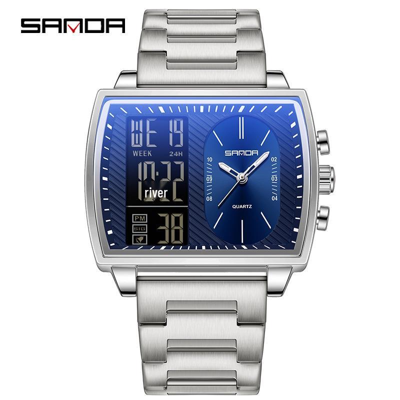 שעון ספורט רב-תכליתי עמיד למים לגברים מבית Sanda עם תצוגה כפולה מסוגננת.