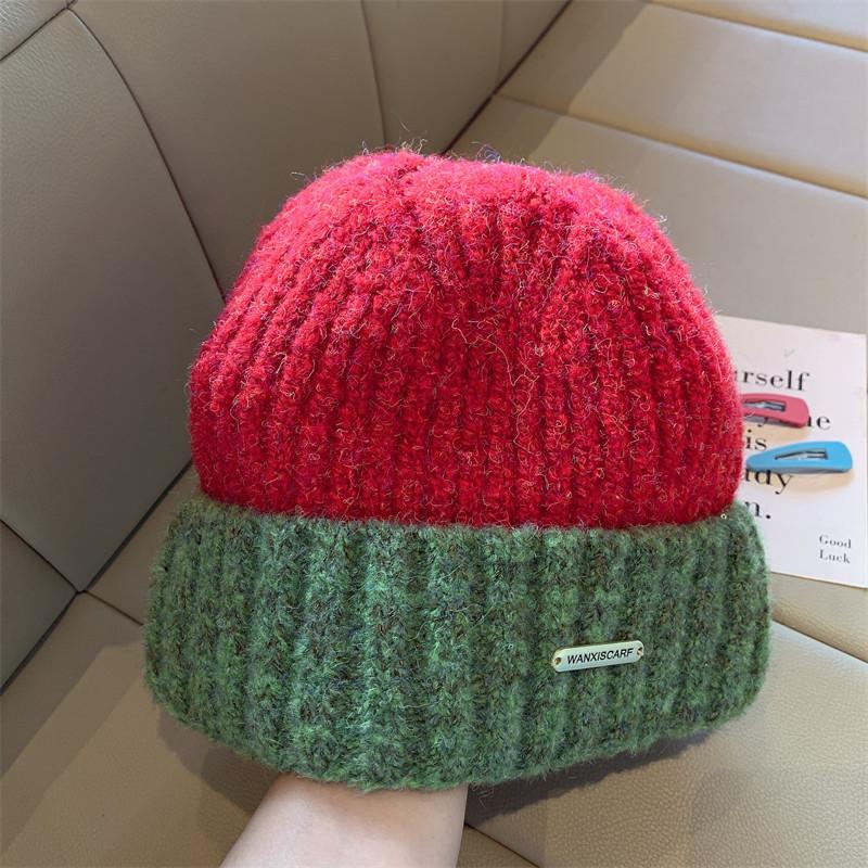 Hat Women's Rough Knitted Wool Hat Autumn and Winter Versatile Big Head Circumference Color Matching Loose Ins Trendy Face Small Headhat