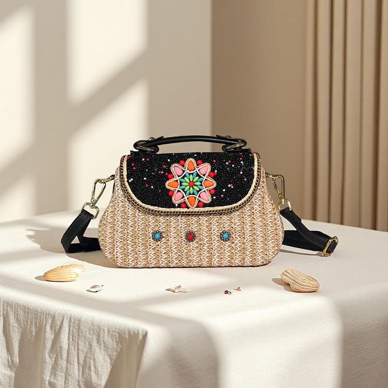 Boho Beaded Rattan Crossbody Bag, Vacation-Ready Shoulder Purse with Essentials Organizer - Lightweight Woven Phone & Keys Holder for Travel
