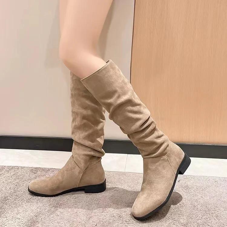 Women s fashion boots stylish round-toed designer high boots, simple nude pleated plus-size women s boots for autumn and winter 35