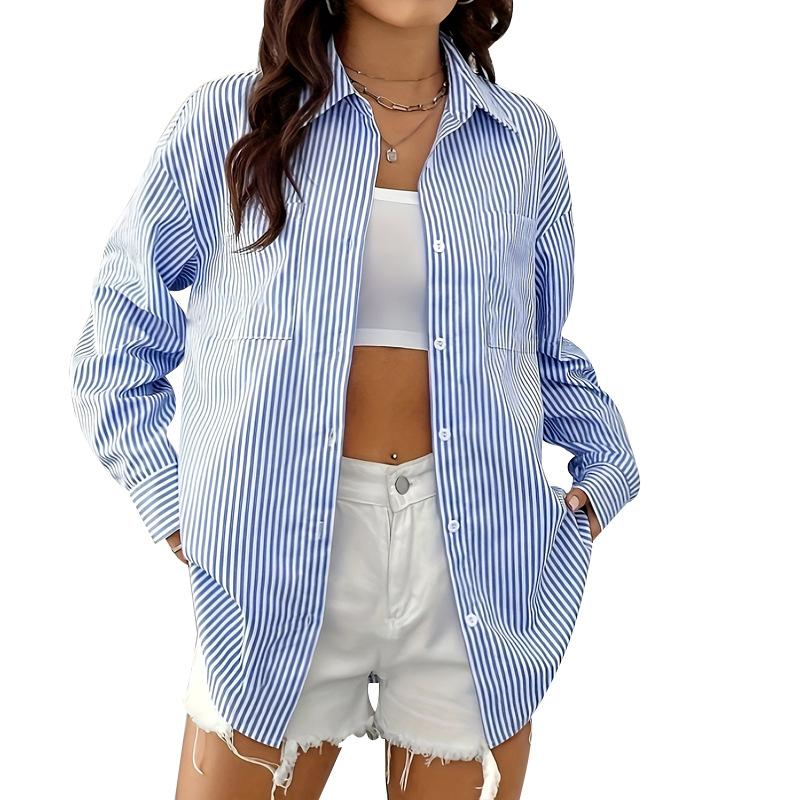 European and American women's striped cardigan top loose casual long-sleeved shirt women