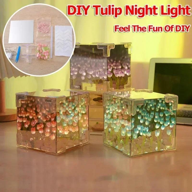 Romantic Tulip Flower Box Handmade Led Tulip Night Light DIY Material Package Bed Desktop Ornament Mirror Box Living Room Decor
