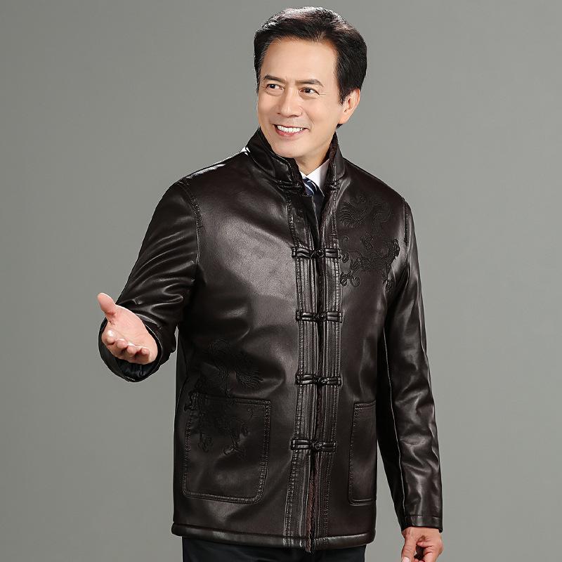 Fur-in-one Middle-aged and Old Tang Suit Embroidered Disc Buckle Men's Leather Jacket Plus Velvet and Thickening for Dad and Grandpa