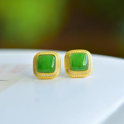 Hotan Jade S925 Silver Jasper Inlaid Small Square Earrings