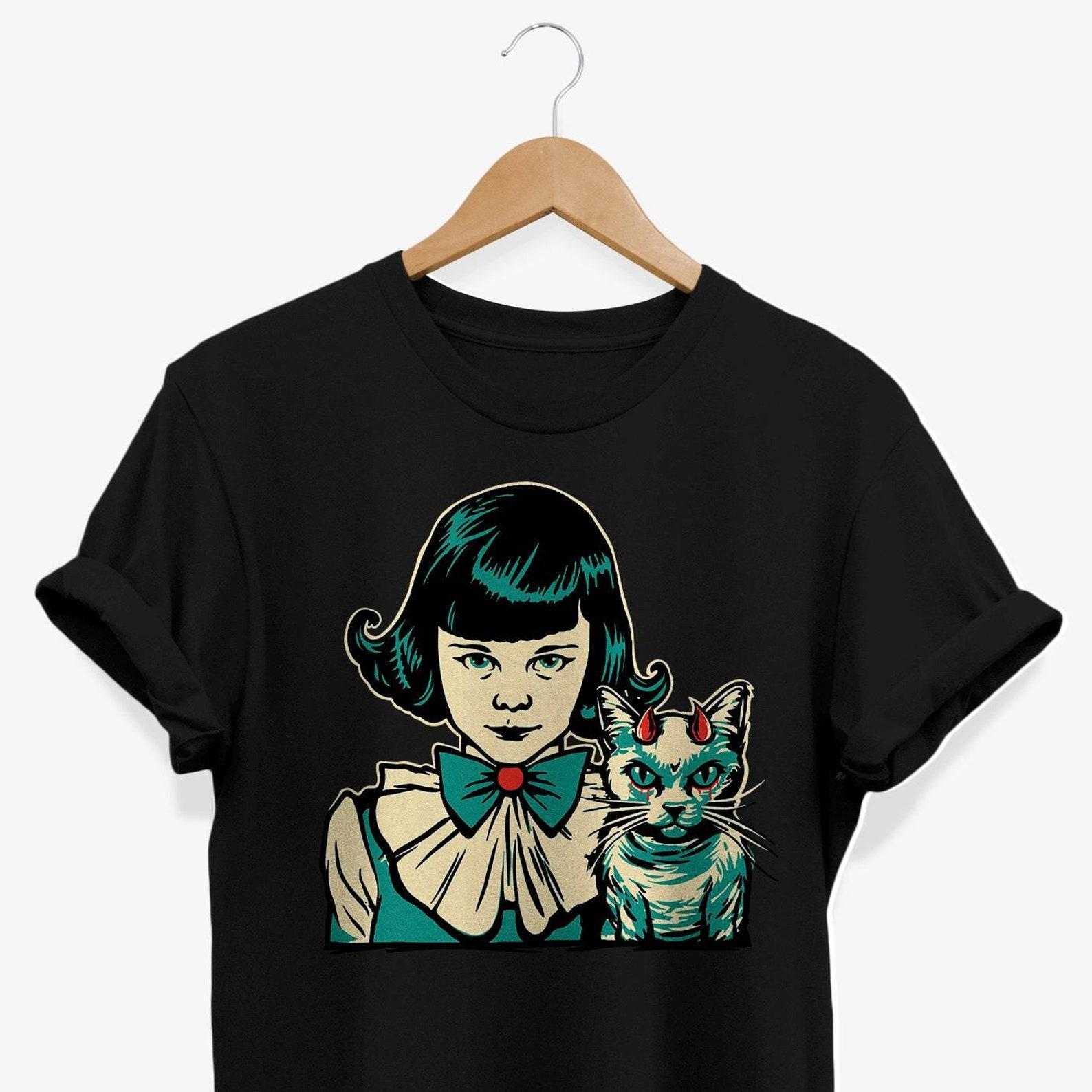 Gothic Girl Devil Cat T-Shirt | Creepy Graphic Tee L