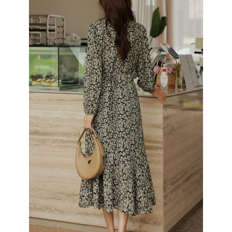 Sweet Plus Size Women's Clothing K-style Spring and Autumn Round Neck Small Floral Flounce Mid Length Long Length Long Sleeves Dress Trendy L-4XL