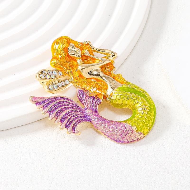 Vintage enamel mermaid brooch brooch corsage diamond fashion high-end mermaid brooch medium antique coat clothing accessories