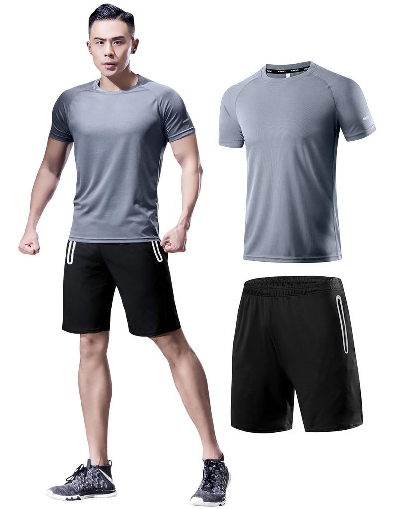 Running and Gym Compression Shirt and Size L Men's 2-Piece Set, Wear, Sweat-Wicking, Quick-Drying, Short-Sleeved Shorts, Gray,
