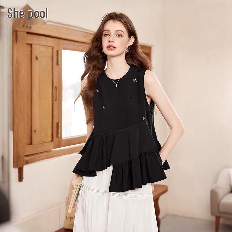 Women s Rhinestone Ruffle Round Neck Tank Top S чёрный
