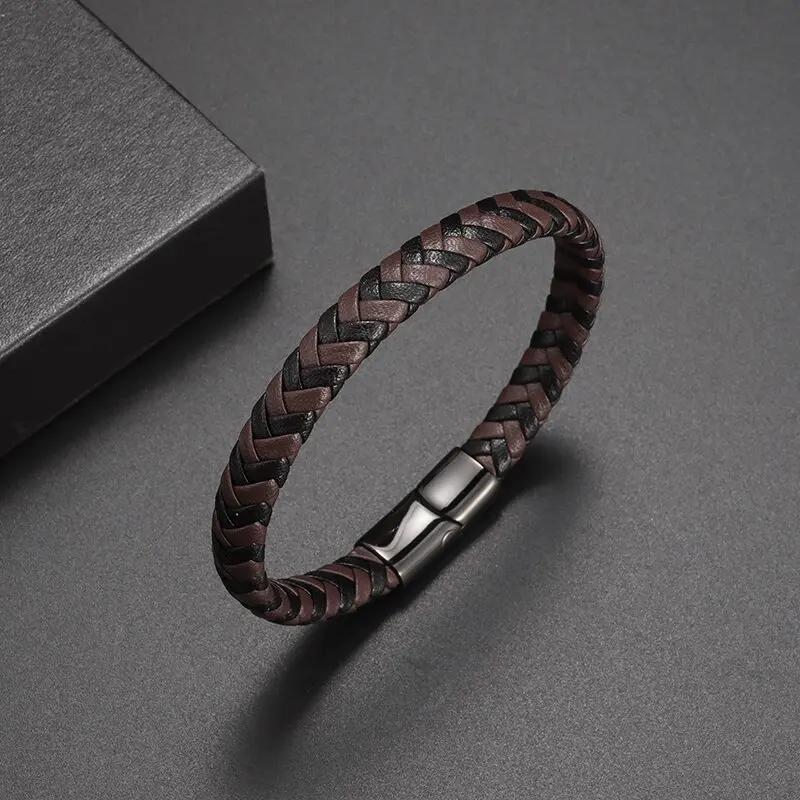 Double Layer Punk Brown Braided Leather Bracelet for Men with Metal Magnetic Clasp Stylish Business Bracelet Jewelry Gift