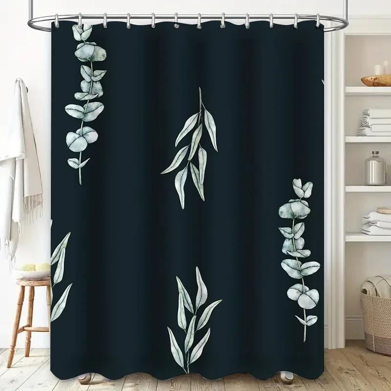 

Modern Simple Blue Bath Curtain with Plant Leaves Print for Bathroom Decor European Style Shower Curtain in Dark Green Color W90XH180cm