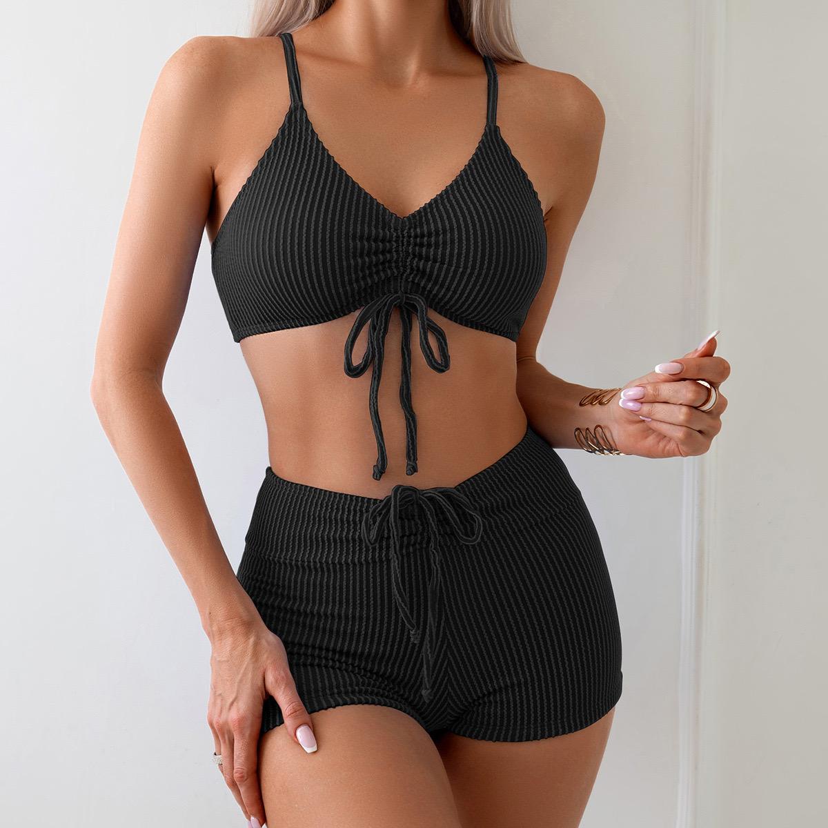 

Сексуальный 2025 принт купальники женские на бретелях пуш-ап бикини с высокой талией пляжный купальник летний бразильский женский купальный костюм XL чёрный