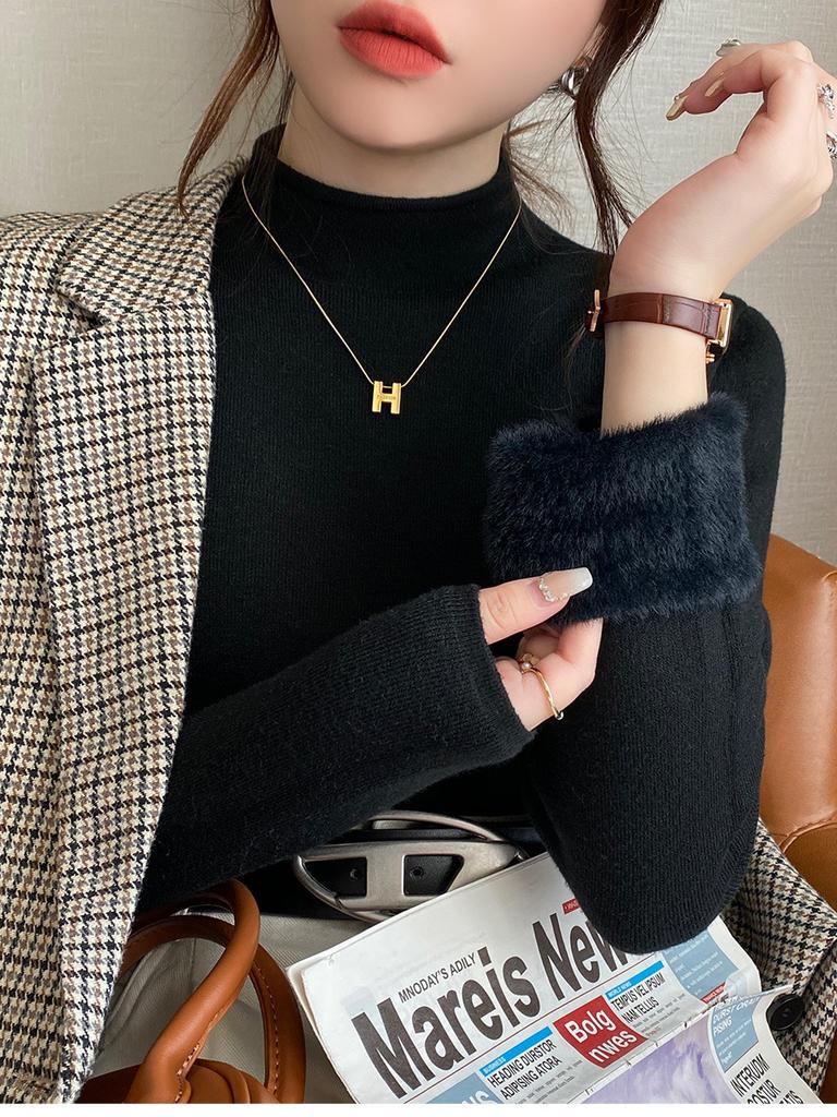 Yellow Semi-turtleneck Sweater Women's Autumn and Winter New Fleece Thickened Inner Integrated Fleece High-end Bottoming Top