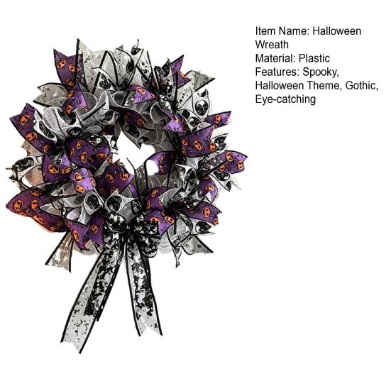 Theme Halloween Decor Mesh Ribbon Wreath for Front Door, Spooky Skull Pumpkin with Bow, Purple Black Stripe Decorative Garland Doors Walls Windows