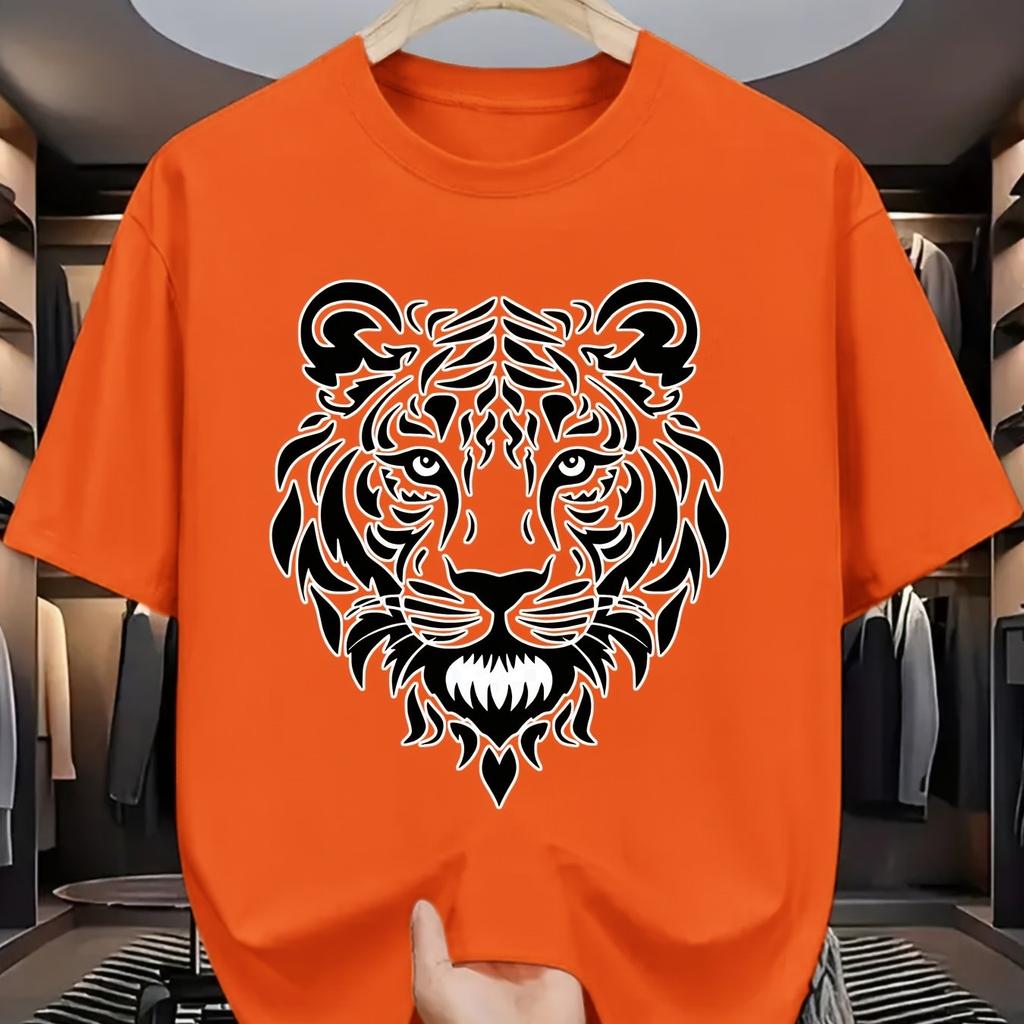 Tribal Tiger Head Graphic Tee Men Summer Casual Short Sleeve Print Crew Neck Cotton TShirt