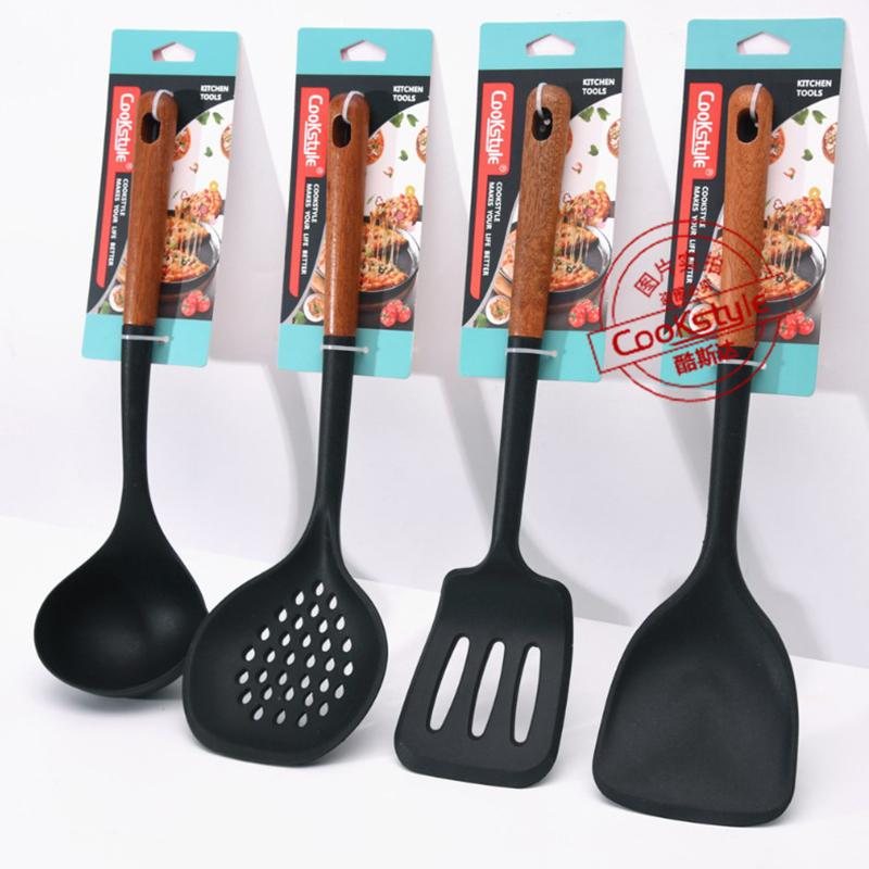 Multi-Color Silicone Wooden Handle Kitchenware Set Non Stick Pot Spatula And Spoon Cooking Utensils, Heat-Resistant