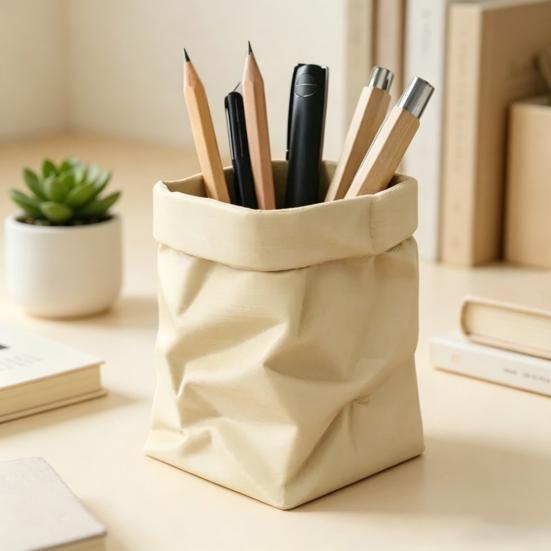 Cute Paper Bag Style Pen Holder 3D Printed Pencil Cup Desk Stationery Makeup Brushes Organizer for Workspace Office School Supplies