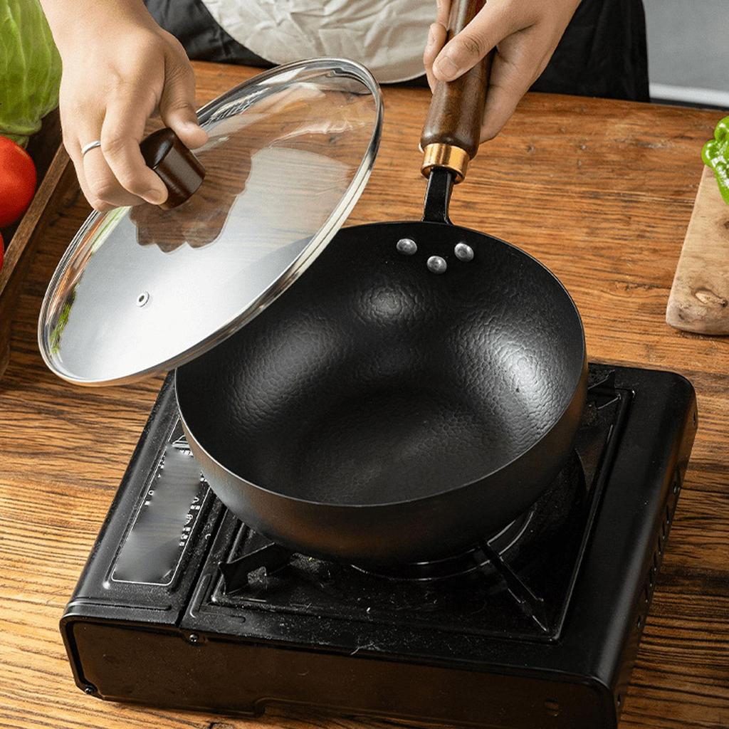 10'' Iron Wok Chinese Cookware with Hanging Hook Frying Pan Flat Bottom for Hotel
