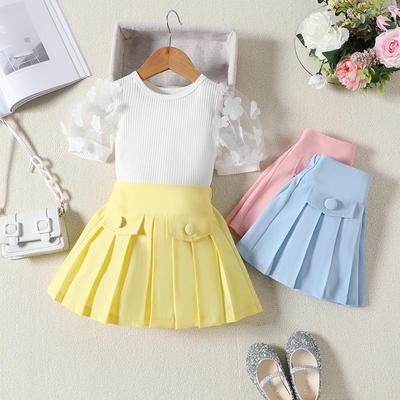 Baby Girls Two Piece Outfits 1 2 3 4 5 6 Years Flower Mesh Short Sleeve Tops and Pleated Skirt Set Toddler Summer Clothes