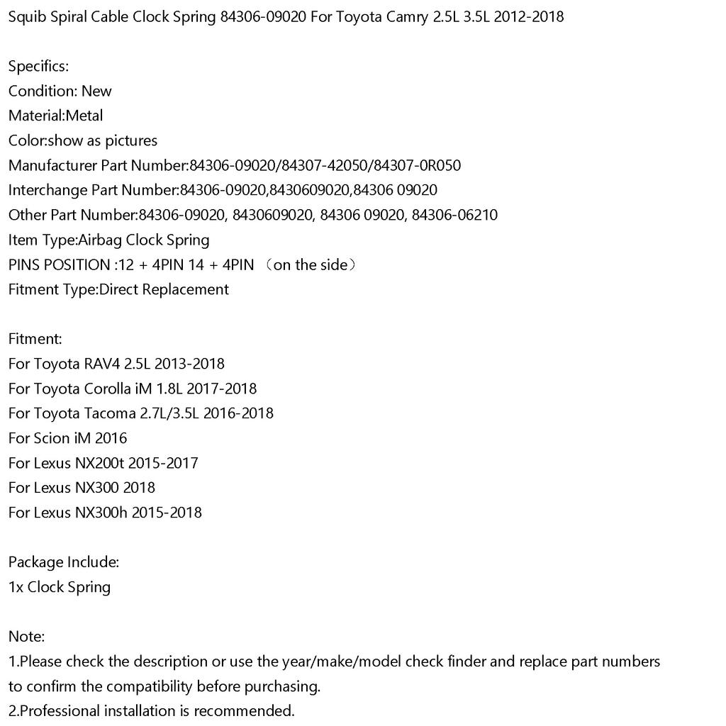 Squib Spiral Cable Clock Spring 84306-09020 For Toyota Camry 2.5L 3.5L 2012-2018